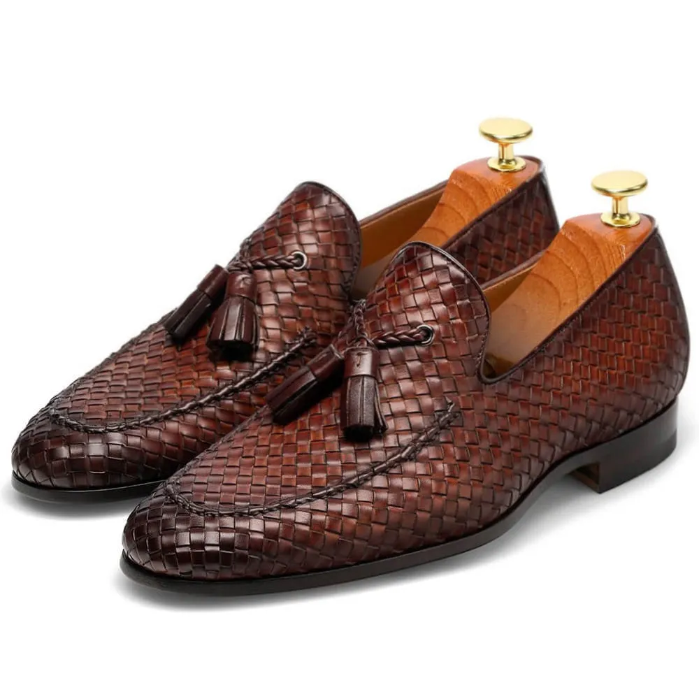 7 CM / 2.76 Inches - CMR CHAMARIPA Men's Elevator Shoes Brown Hand-Woven Leather Tassel Loafers High Heel Dress Shoes