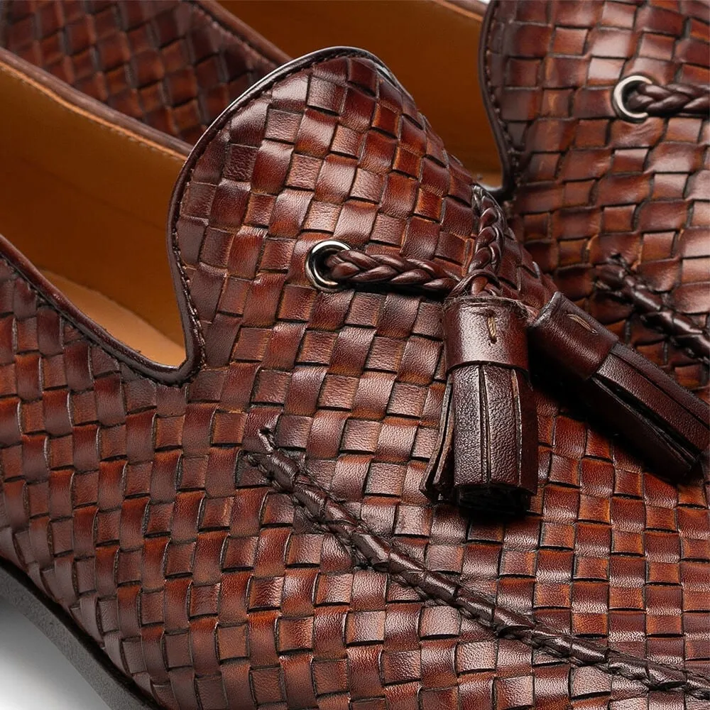 7 CM / 2.76 Inches - CMR CHAMARIPA Men's Elevator Shoes Brown Hand-Woven Leather Tassel Loafers High Heel Dress Shoes