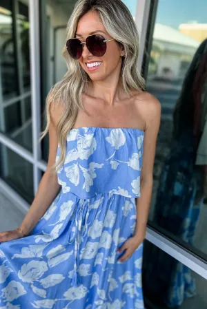 Azure Bloom Strapless Maxi Dress
