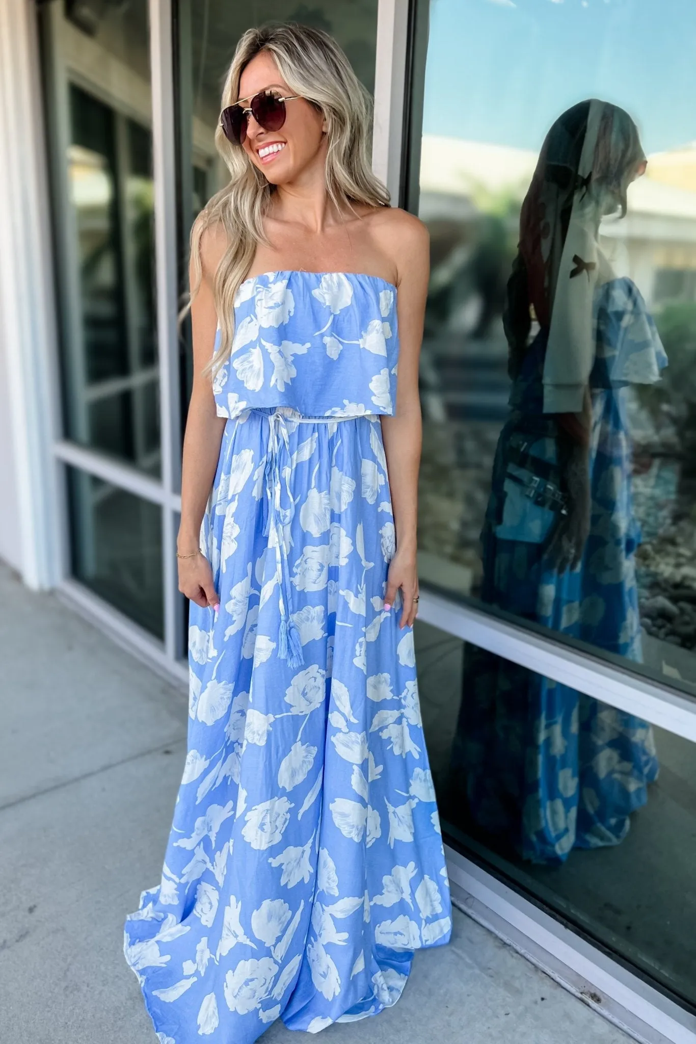 Azure Bloom Strapless Maxi Dress