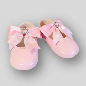 Baby Girl Pram Shoes - Large Pink Satin Bow with Diamante