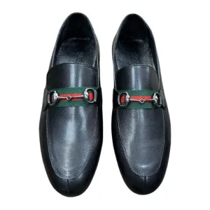 Black Men's Gigotto uomo Loafers Slip-on Dress Shoes Sliver Buckle Green and Red Stripes Style No:6525