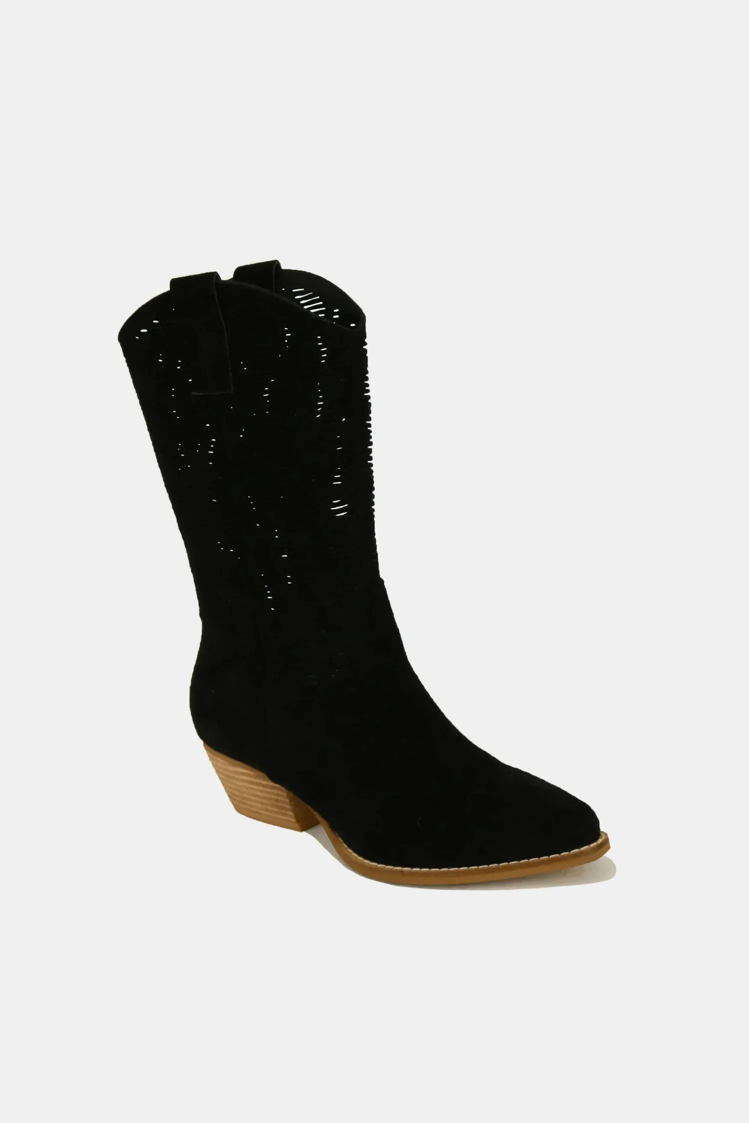 Black Vegan Suede Laser Cutout Cowgirl Boots
