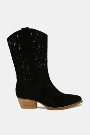 Black Vegan Suede Laser Cutout Cowgirl Boots