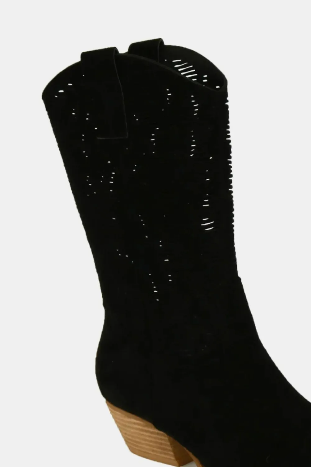 Black Vegan Suede Laser Cutout Cowgirl Boots
