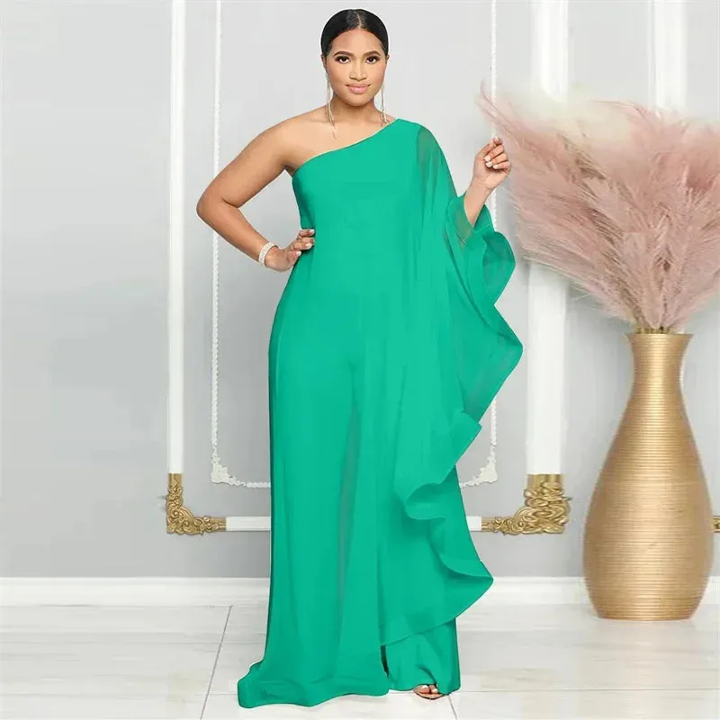 Chiffon Wide-Leg One Shoulder Jumpsuit