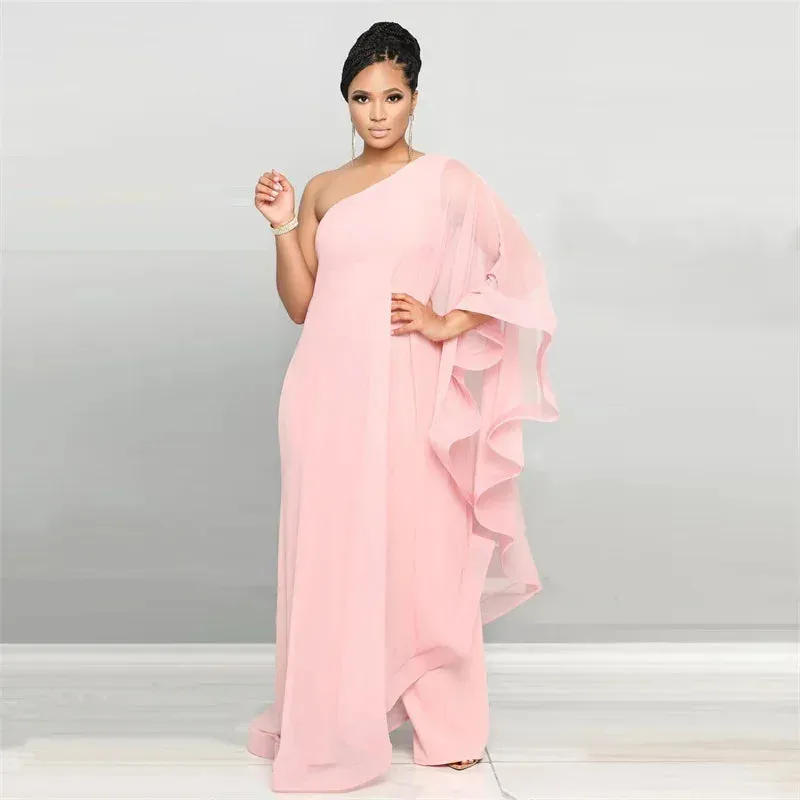 Chiffon Wide-Leg One Shoulder Jumpsuit