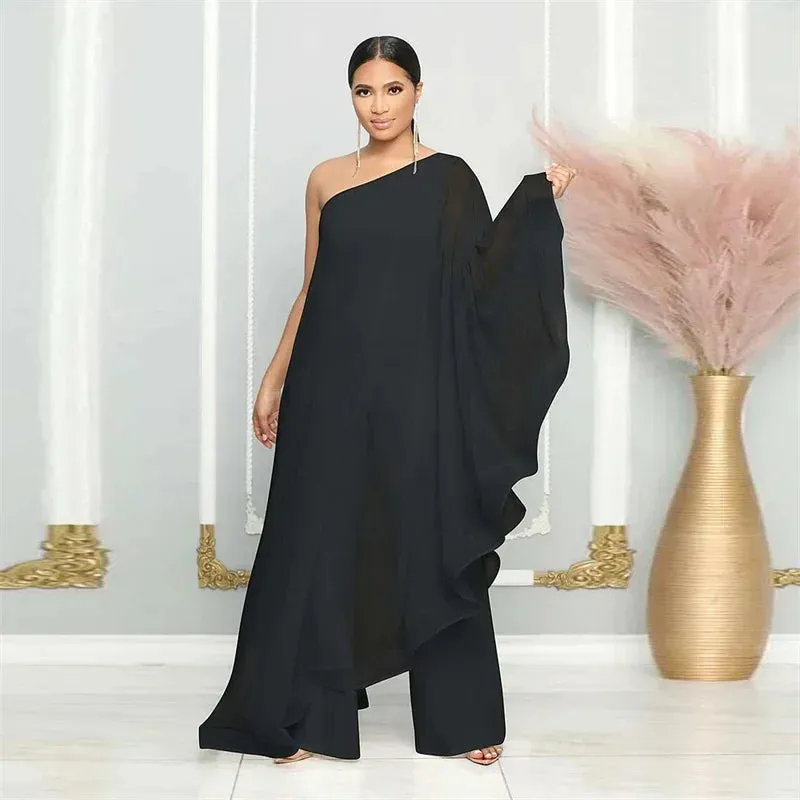 Chiffon Wide-Leg One Shoulder Jumpsuit