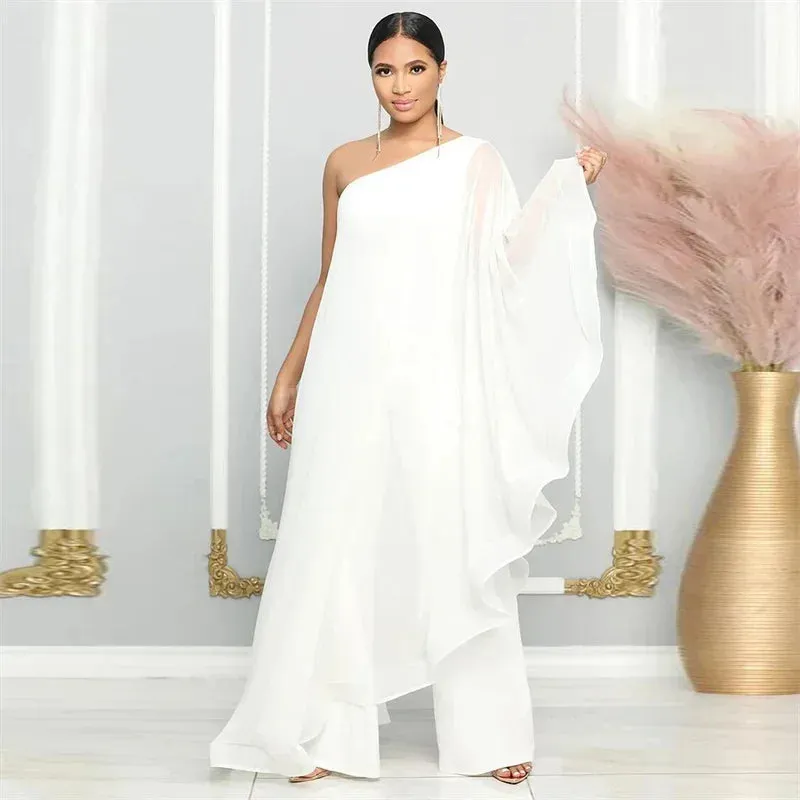 Chiffon Wide-Leg One Shoulder Jumpsuit