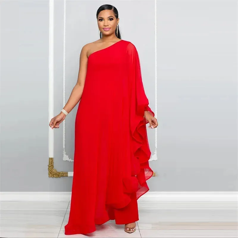 Chiffon Wide-Leg One Shoulder Jumpsuit