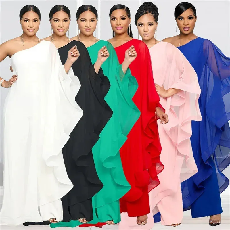 Chiffon Wide-Leg One Shoulder Jumpsuit