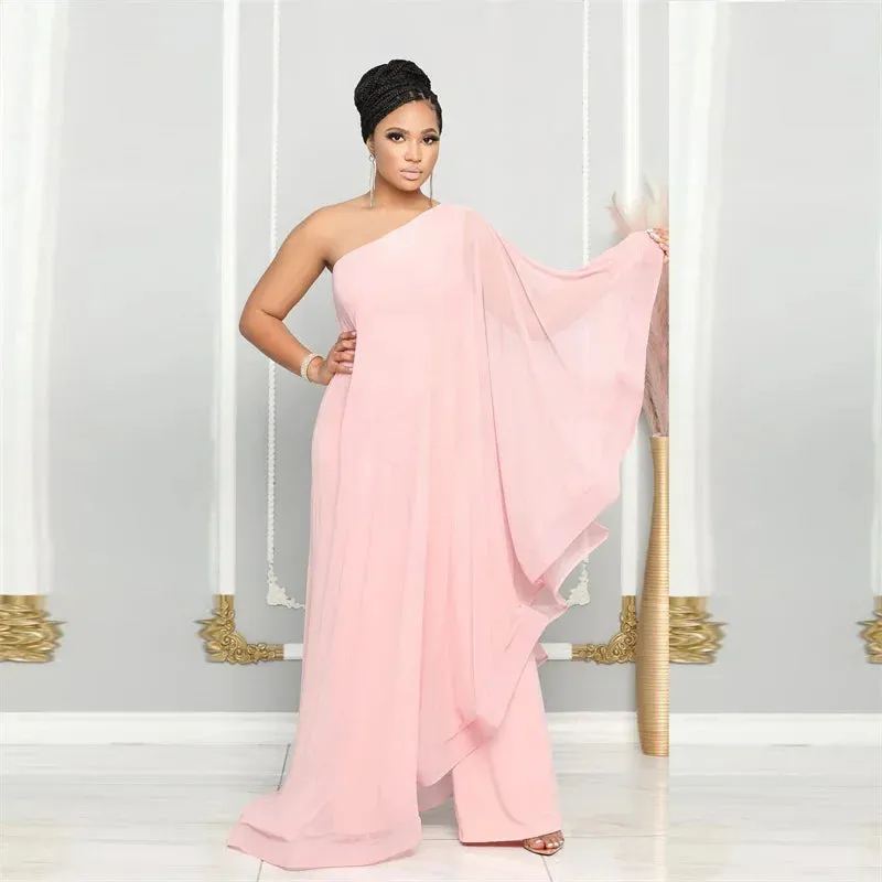 Chiffon Wide-Leg One Shoulder Jumpsuit