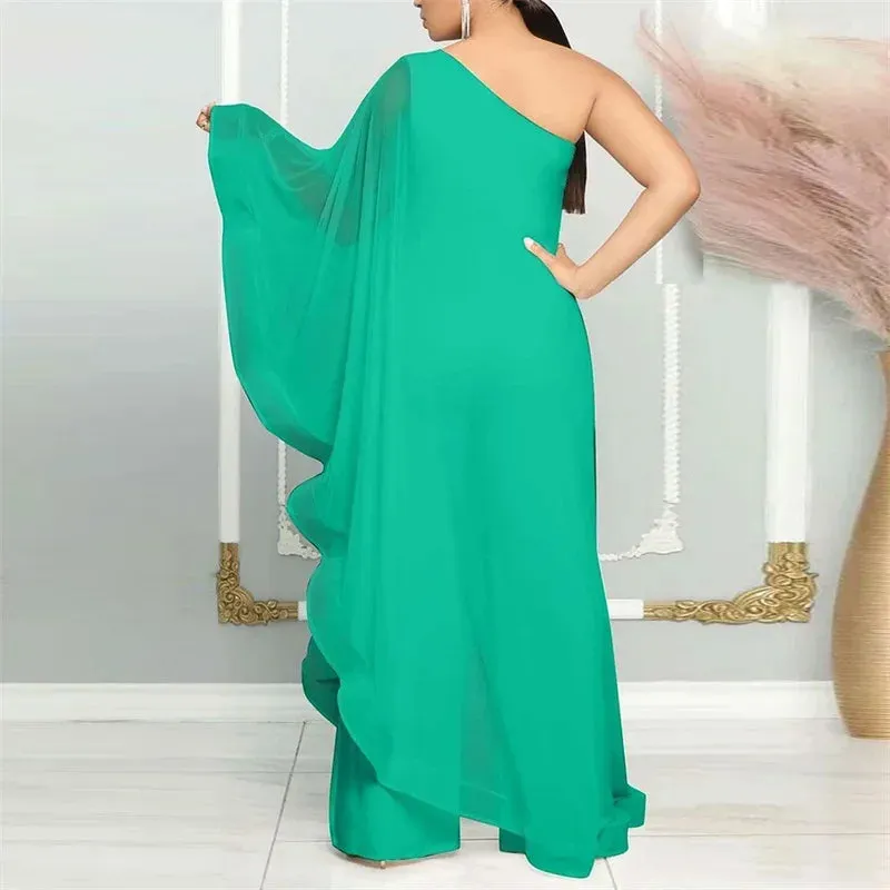 Chiffon Wide-Leg One Shoulder Jumpsuit