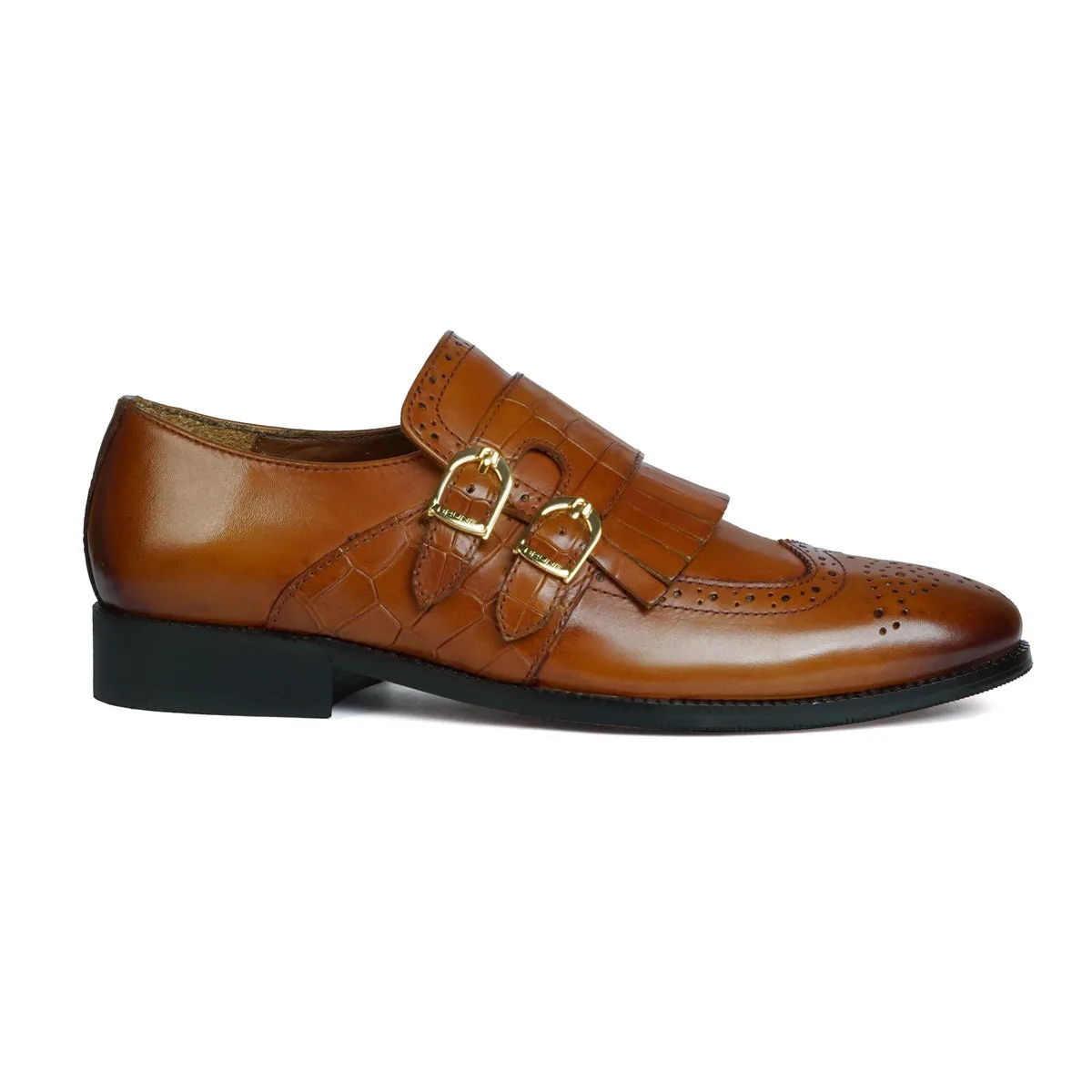 Double Monk Buckled Punching Tan Leather Formal Shoes with Fringes Design