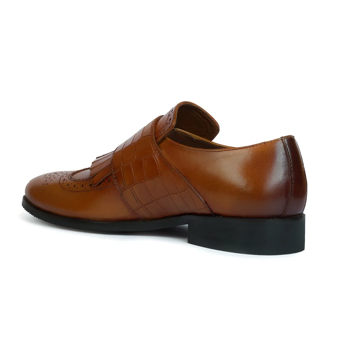 Double Monk Buckled Punching Tan Leather Formal Shoes with Fringes Design