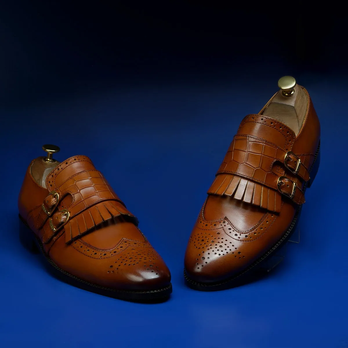 Double Monk Buckled Punching Tan Leather Formal Shoes with Fringes Design