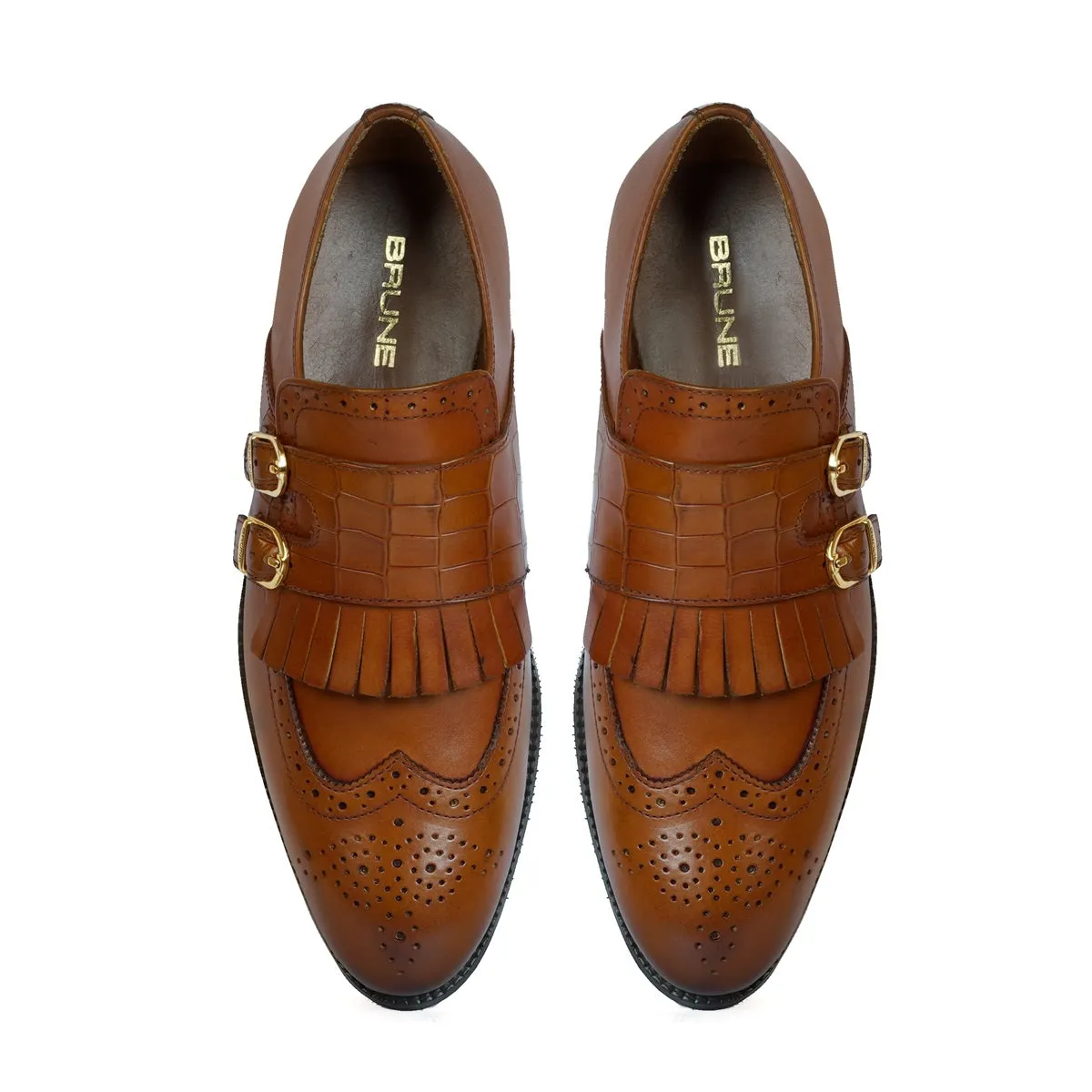 Double Monk Buckled Punching Tan Leather Formal Shoes with Fringes Design