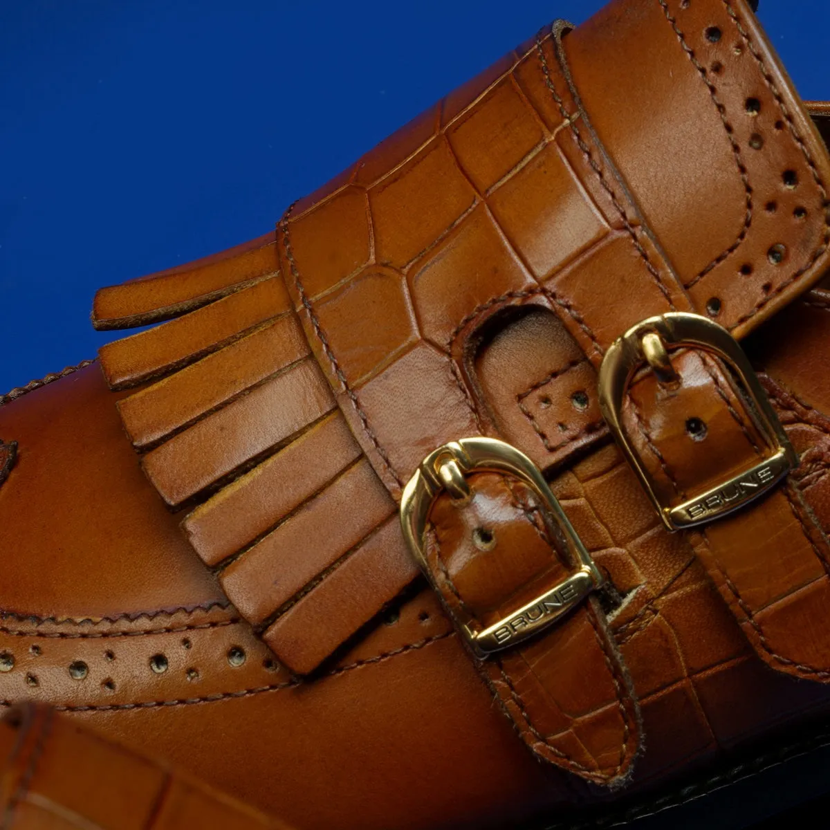 Double Monk Buckled Punching Tan Leather Formal Shoes with Fringes Design