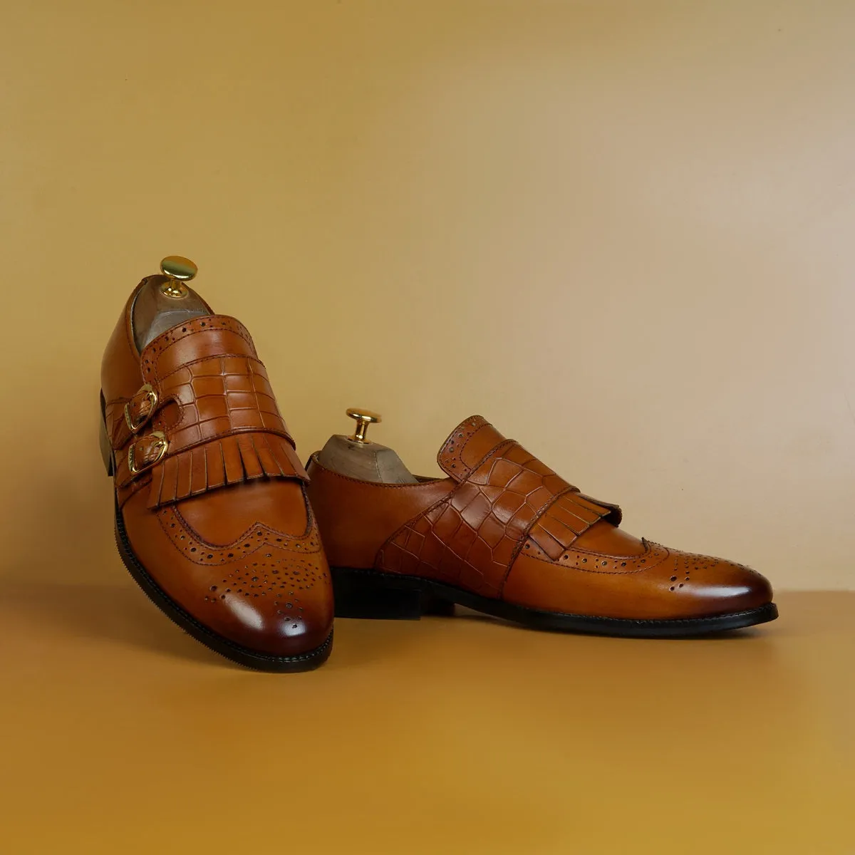 Double Monk Buckled Punching Tan Leather Formal Shoes with Fringes Design