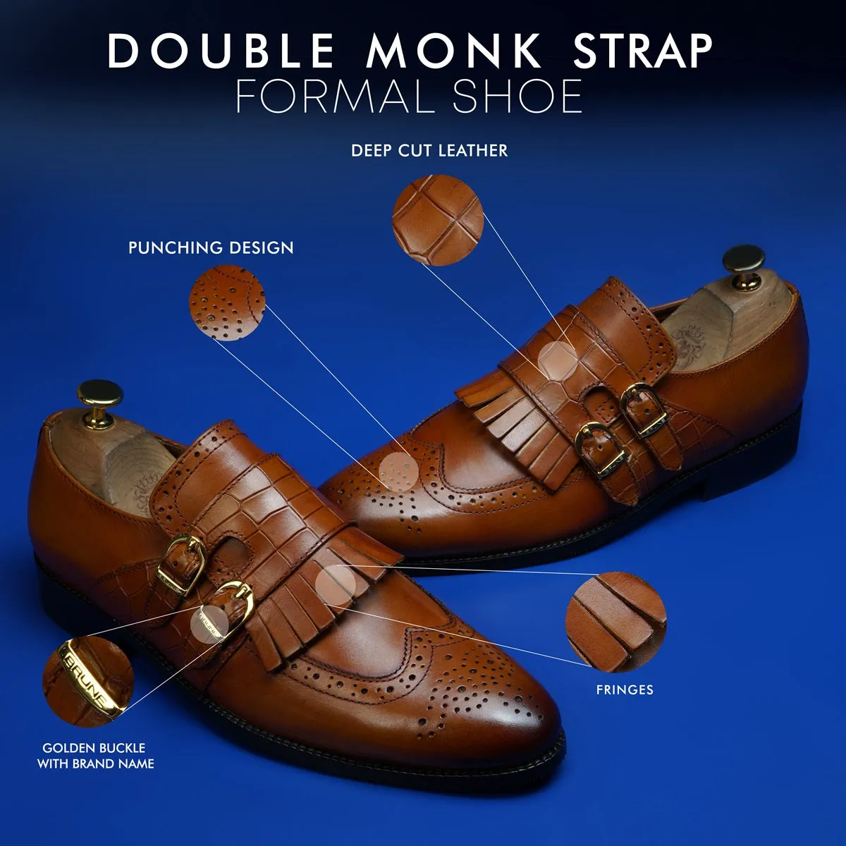 Double Monk Buckled Punching Tan Leather Formal Shoes with Fringes Design
