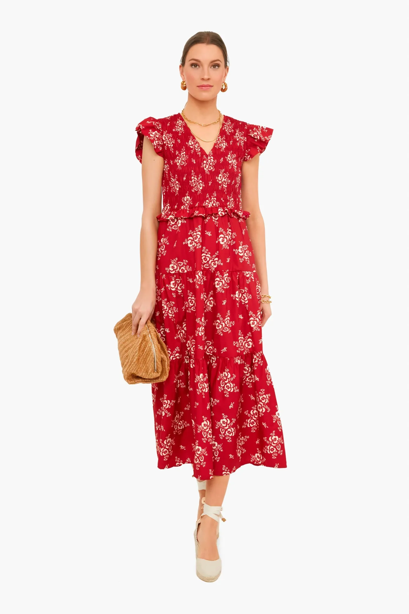 Exclusive Red Alessia Print Smocked Tiered Midi Dress
