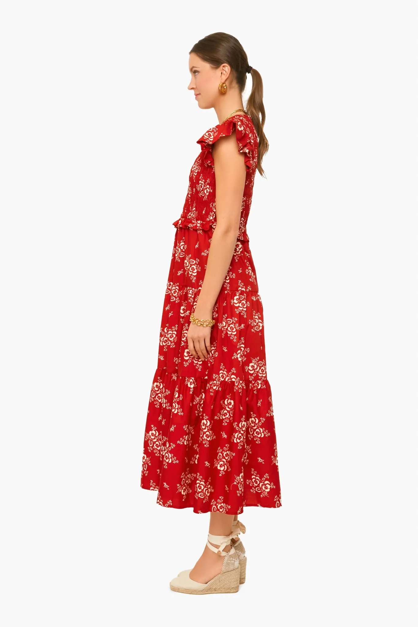 Exclusive Red Alessia Print Smocked Tiered Midi Dress