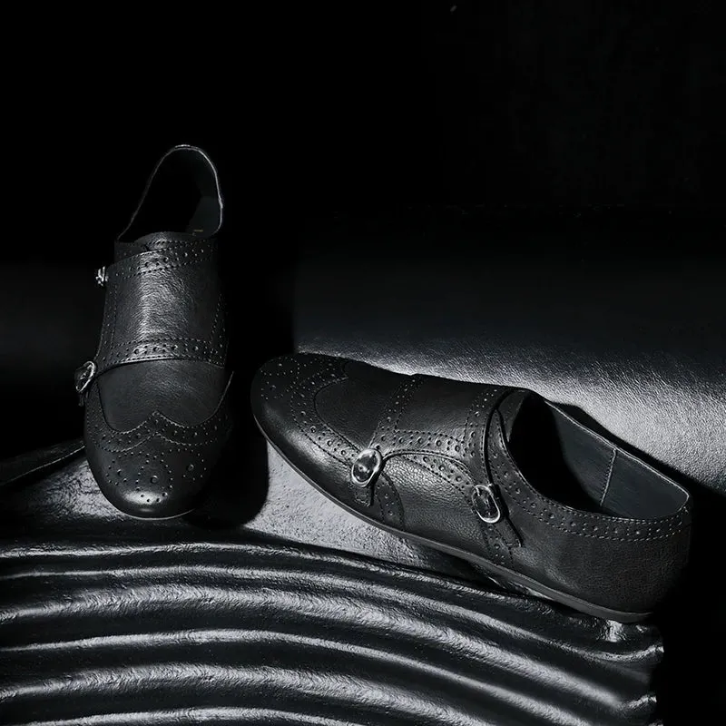 Hand-Carved Black Leather Monk Shoe