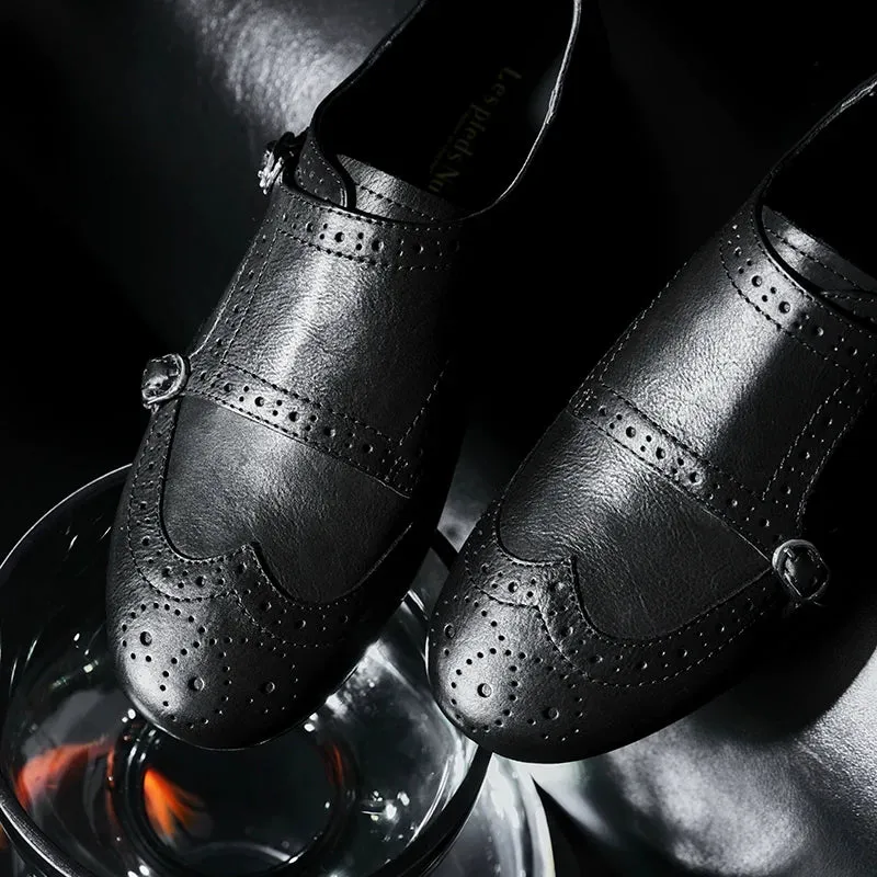 Hand-Carved Black Leather Monk Shoe