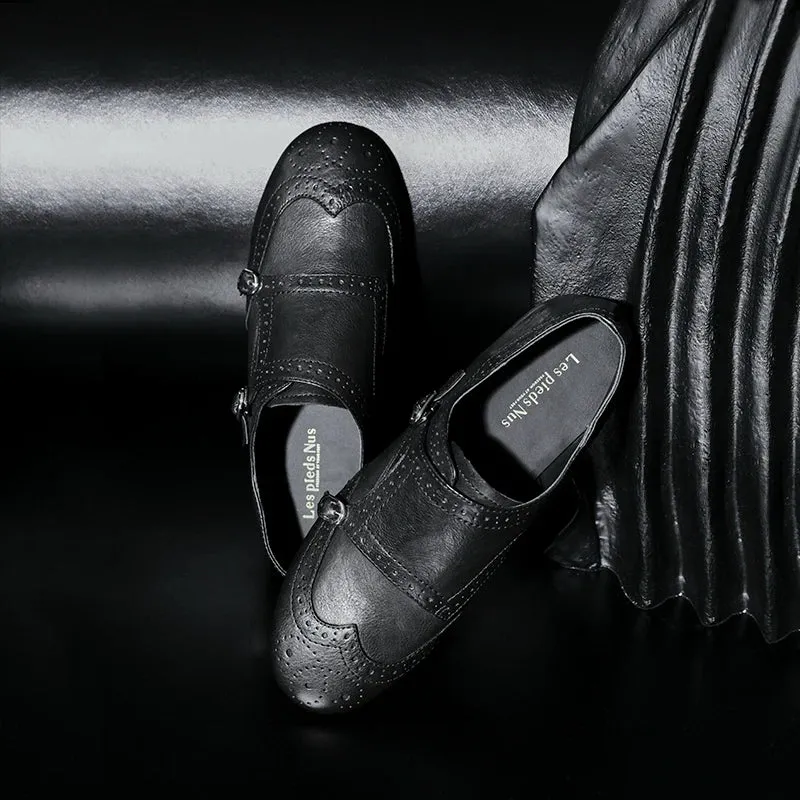 Hand-Carved Black Leather Monk Shoe