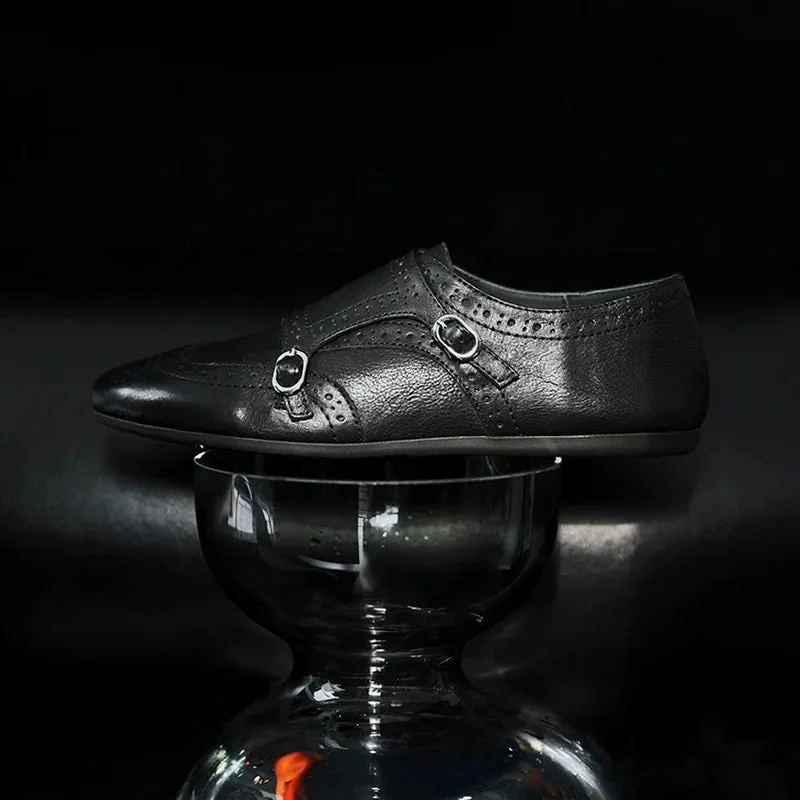 Hand-Carved Black Leather Monk Shoe