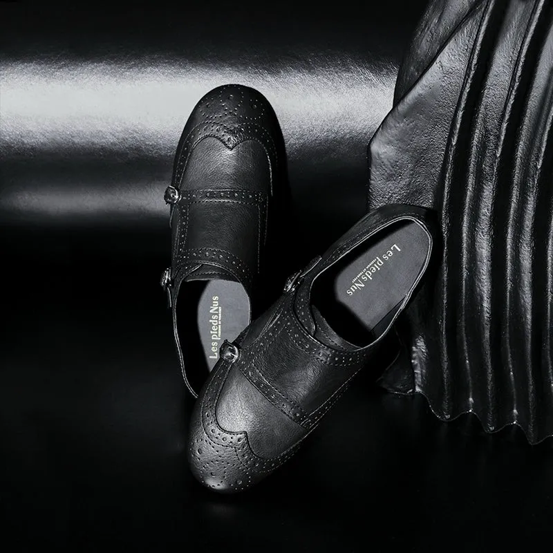 Hand-Carved Black Leather Monk Shoe
