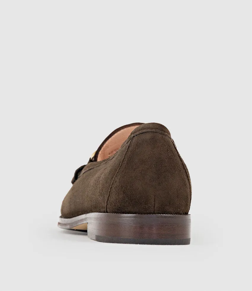 HINGE Penny Loafer with Trim in Cocoa Suede