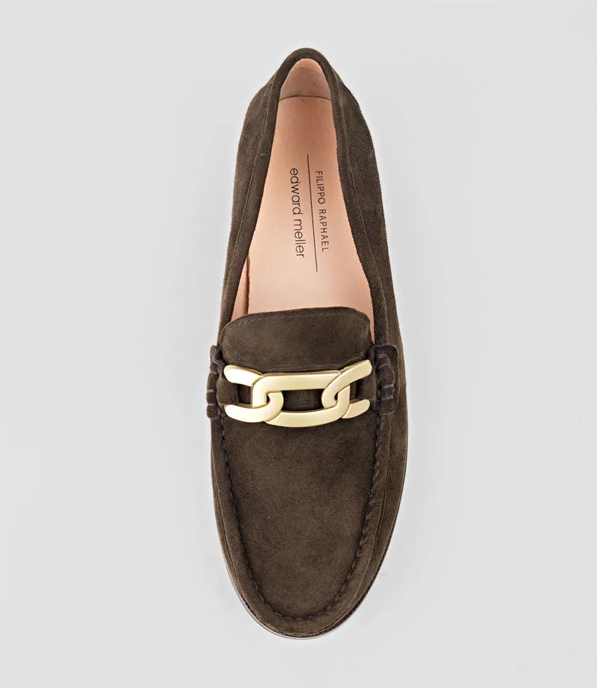 HINGE Penny Loafer with Trim in Cocoa Suede