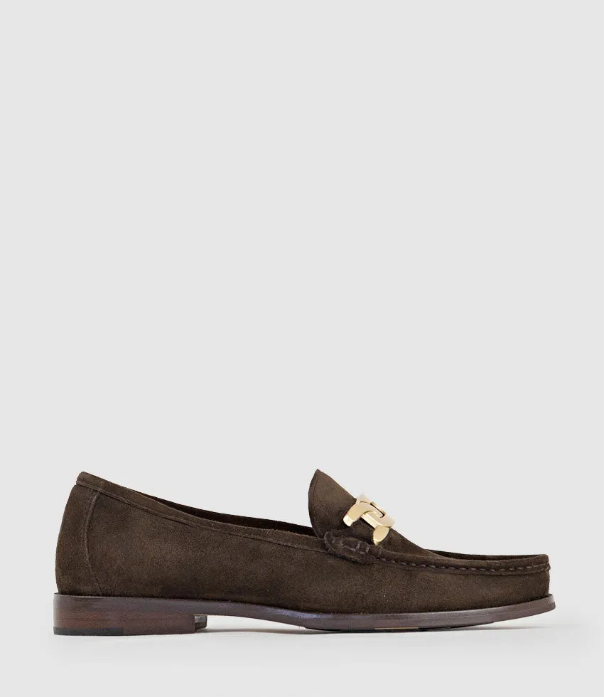 HINGE Penny Loafer with Trim in Cocoa Suede