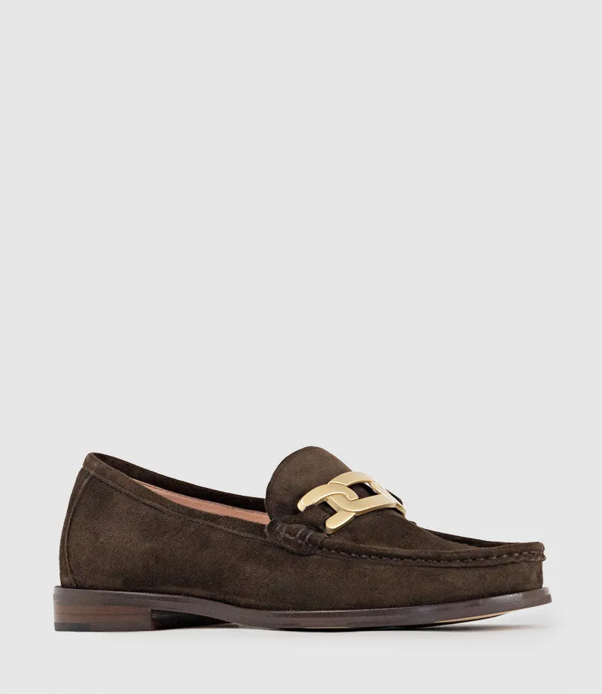 HINGE Penny Loafer with Trim in Cocoa Suede