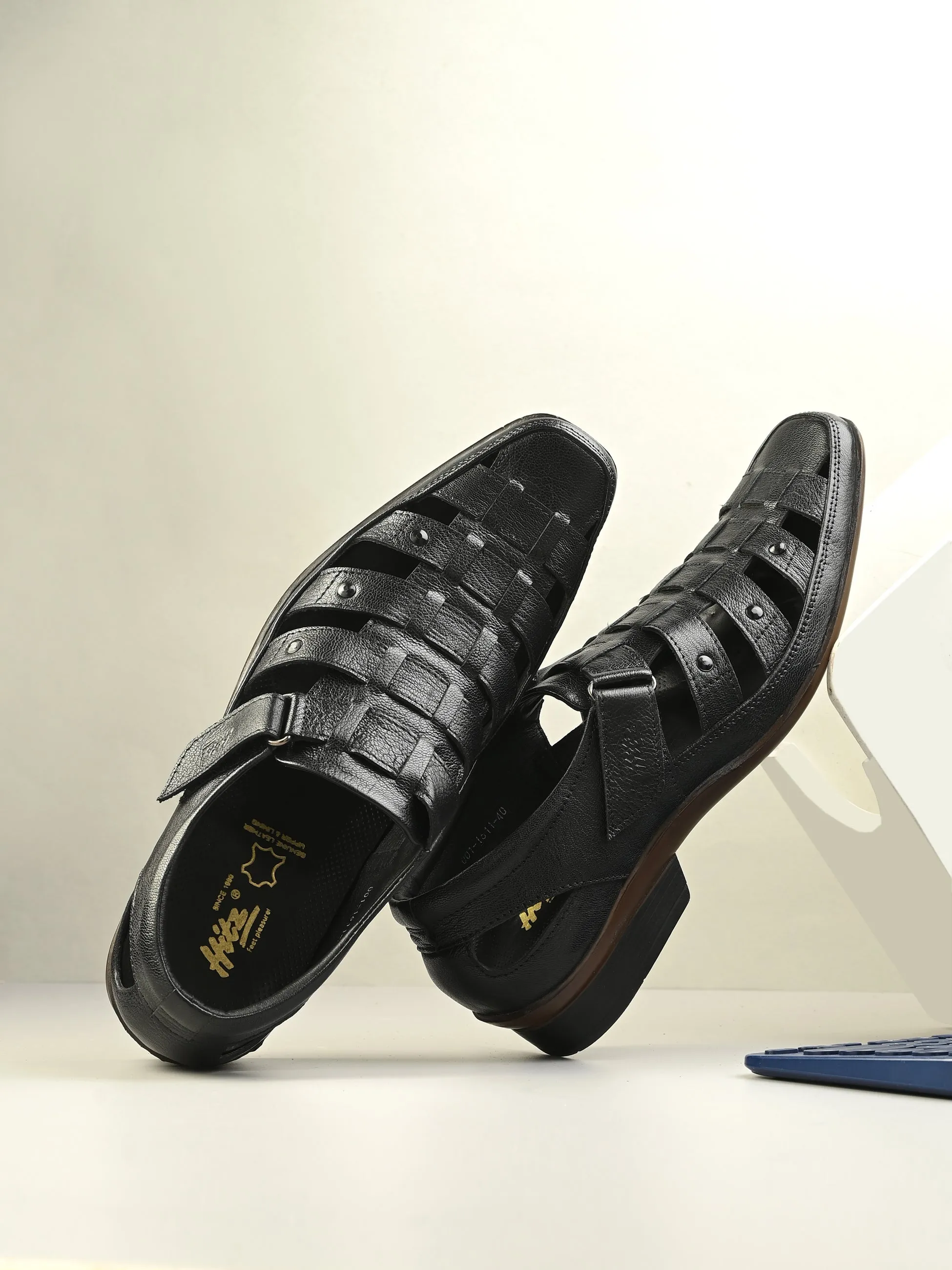 Hitz Men's Black Leather Shoe-Style Sandals with Velcro