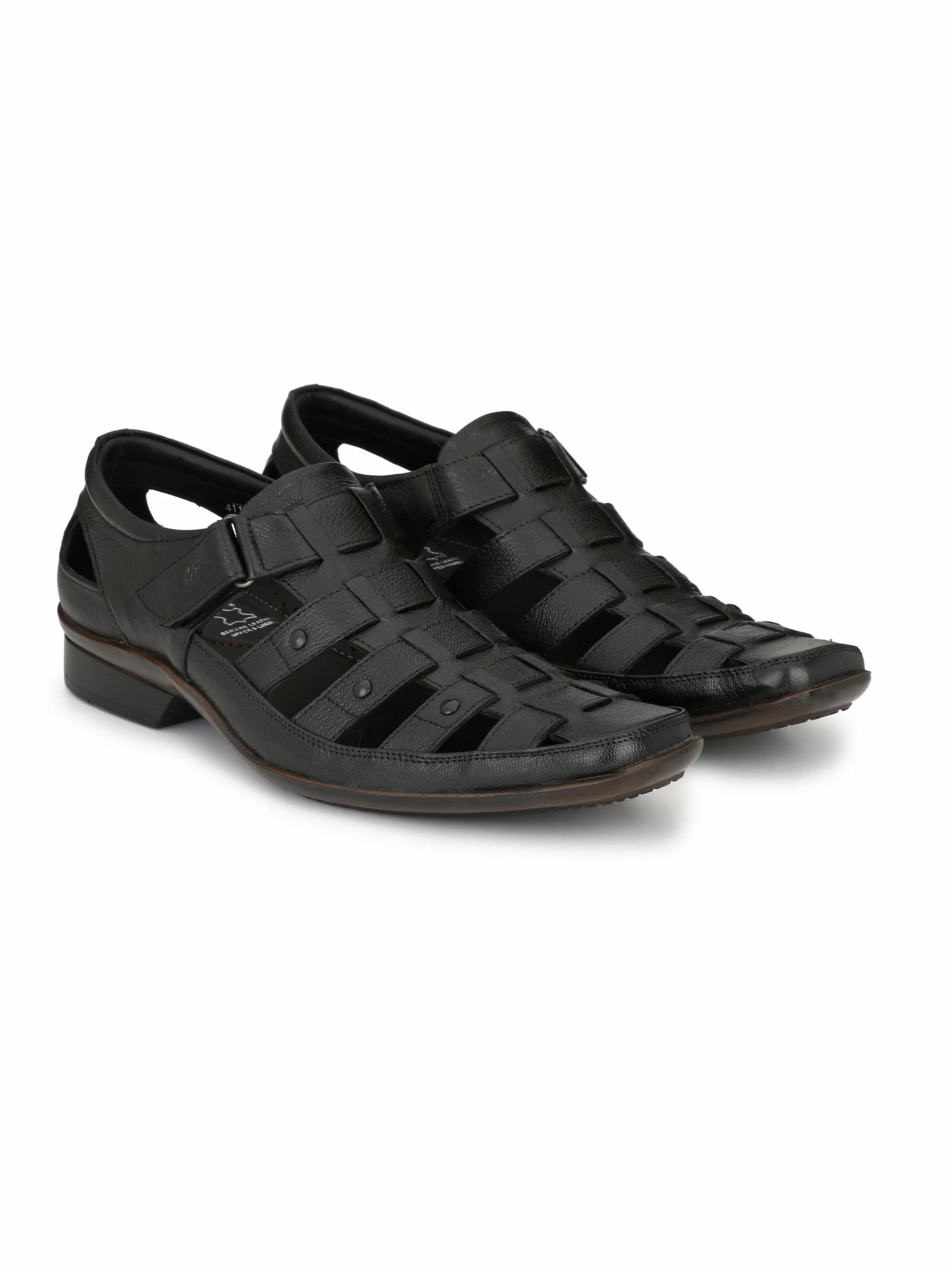 Hitz Men's Black Leather Shoe-Style Sandals with Velcro