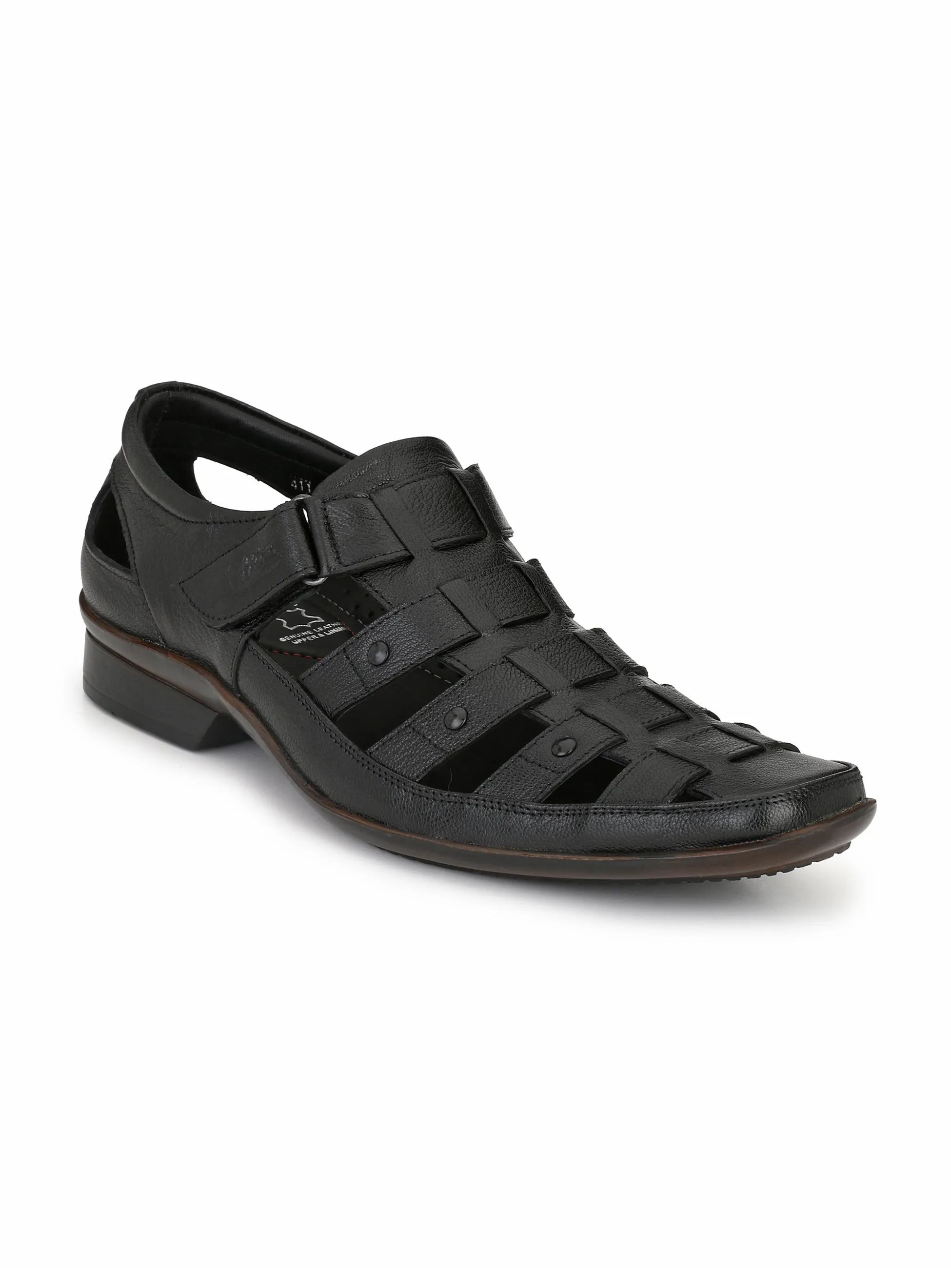Hitz Men's Black Leather Shoe-Style Sandals with Velcro