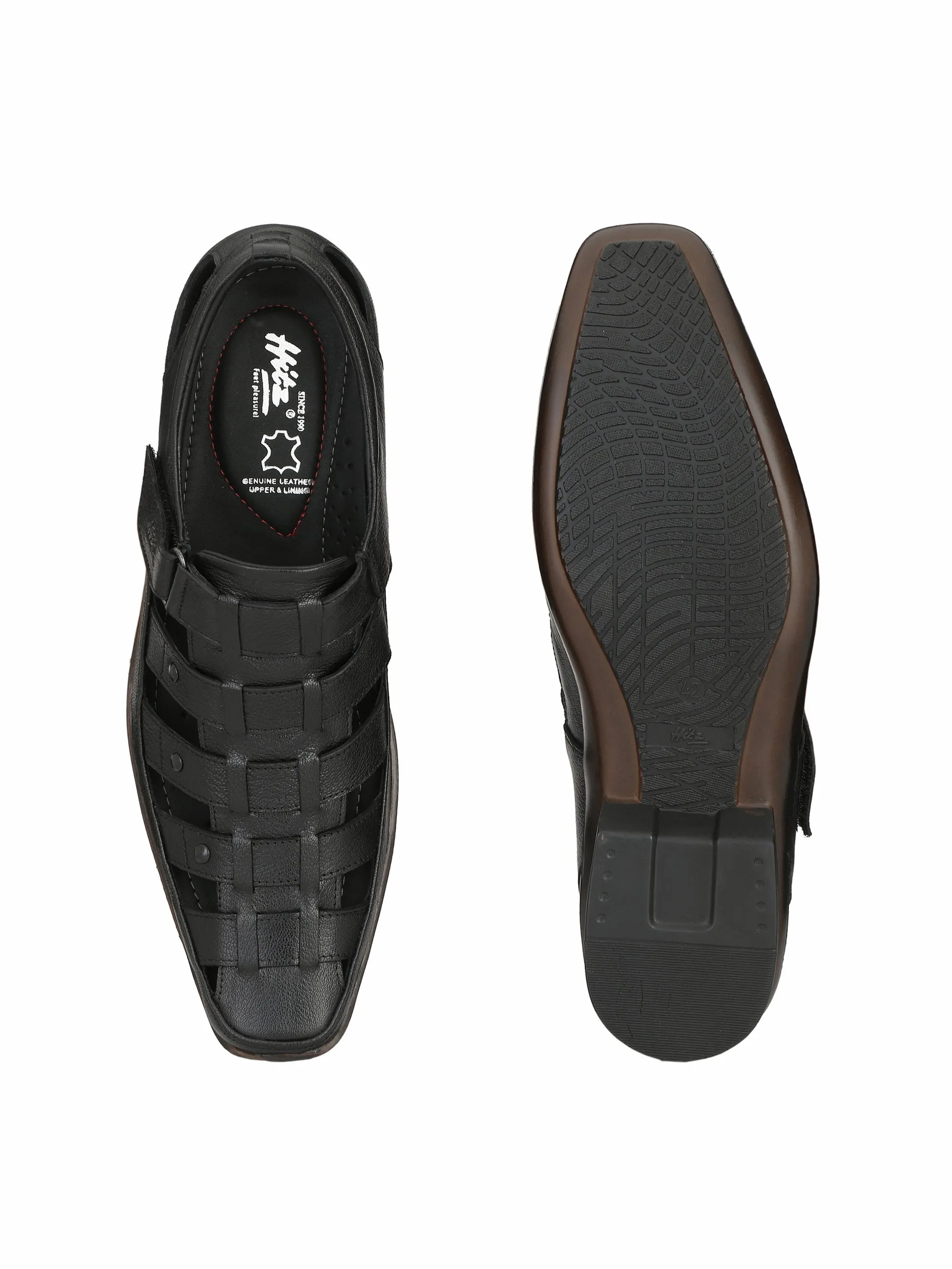 Hitz Men's Black Leather Shoe-Style Sandals with Velcro