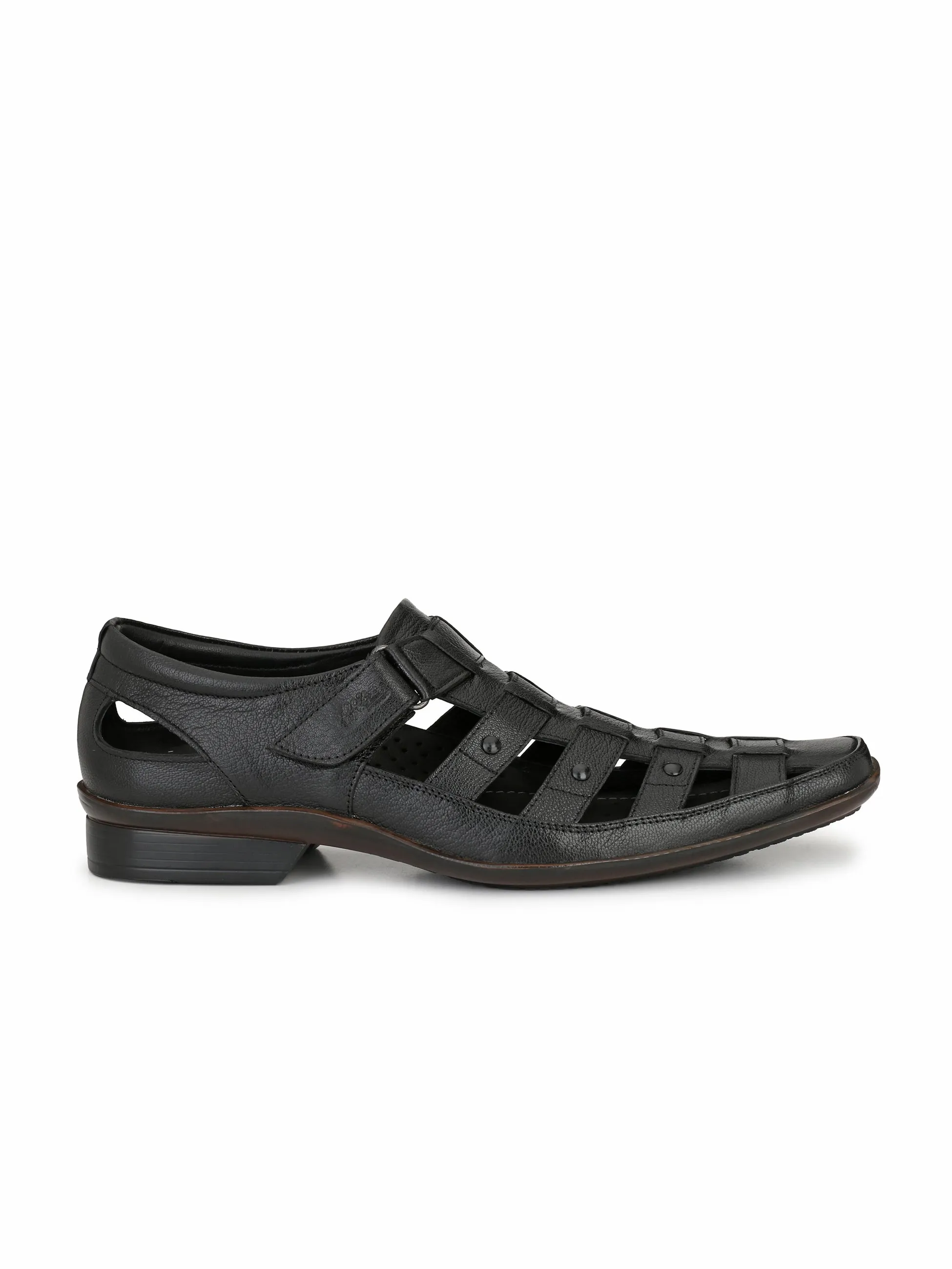 Hitz Men's Black Leather Shoe-Style Sandals with Velcro