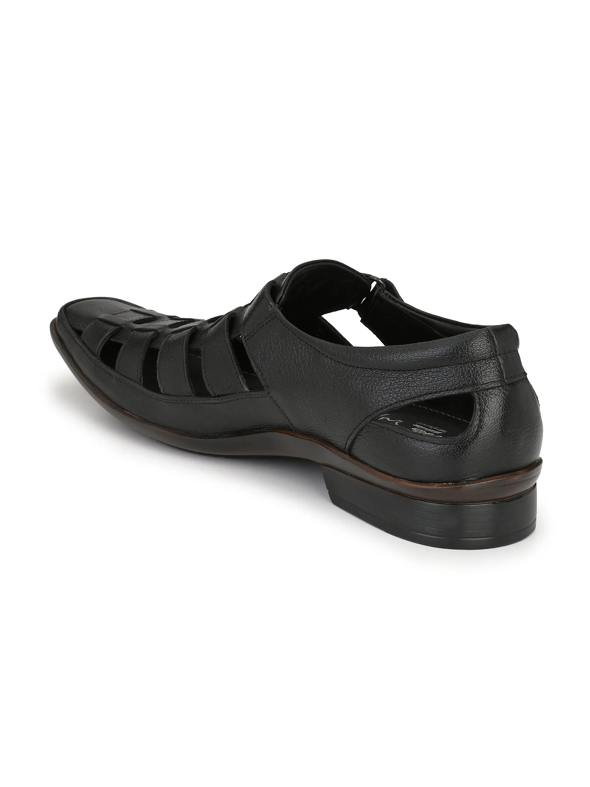 Hitz Men's Black Leather Shoe-Style Sandals with Velcro