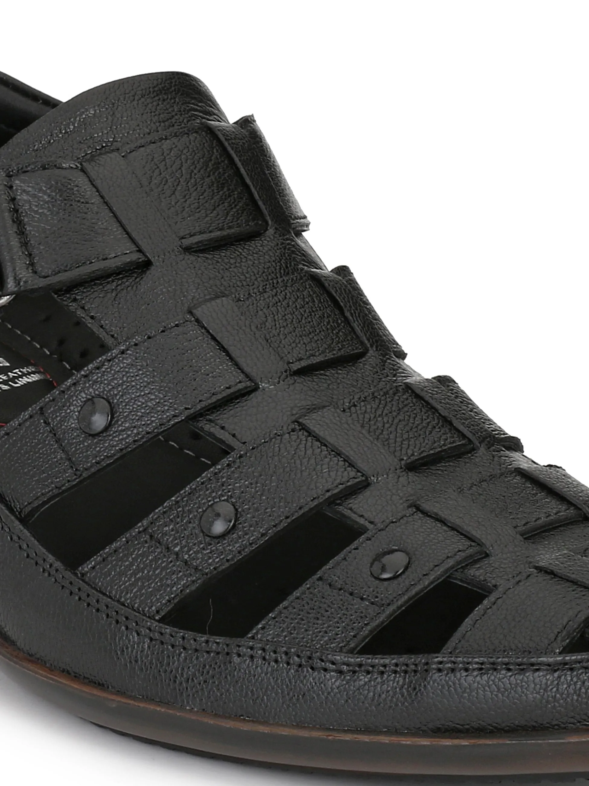 Hitz Men's Black Leather Shoe-Style Sandals with Velcro