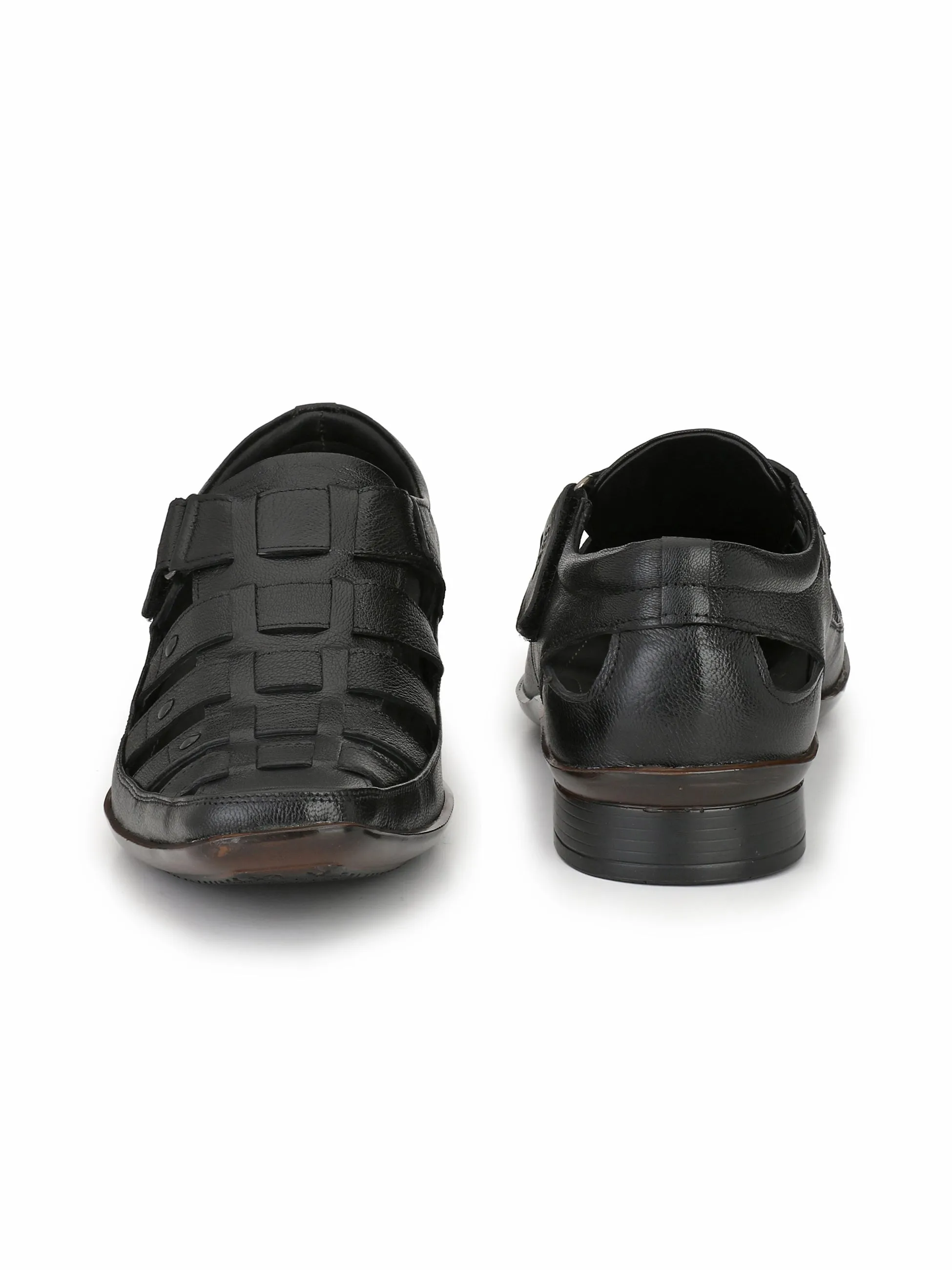 Hitz Men's Black Leather Shoe-Style Sandals with Velcro