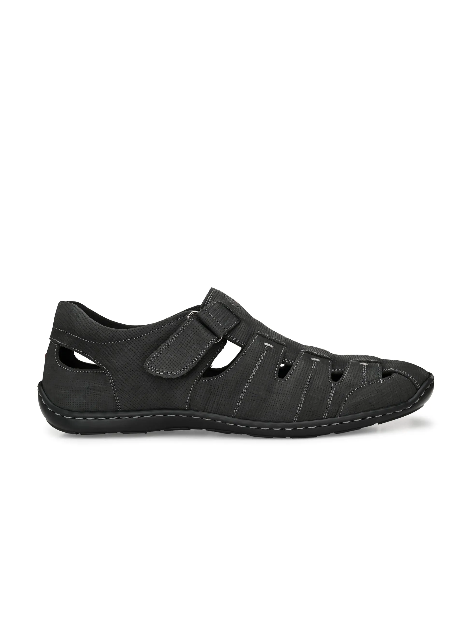 Hitz Men's Black Leather Shoe-Style Sandals
