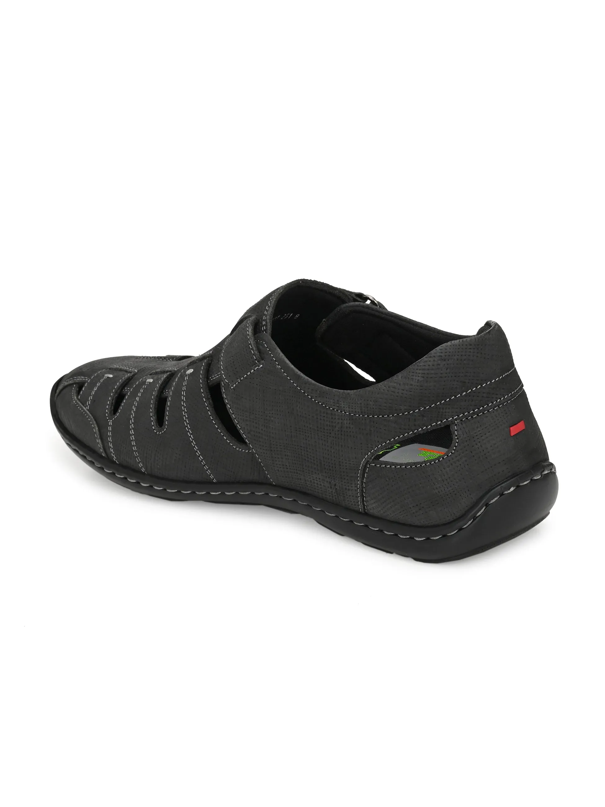 Hitz Men's Black Leather Shoe-Style Sandals