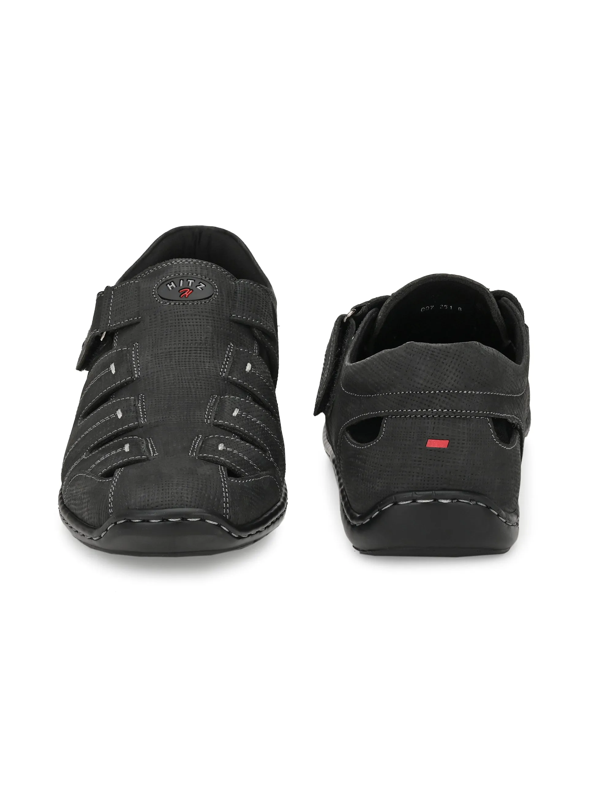 Hitz Men's Black Leather Shoe-Style Sandals