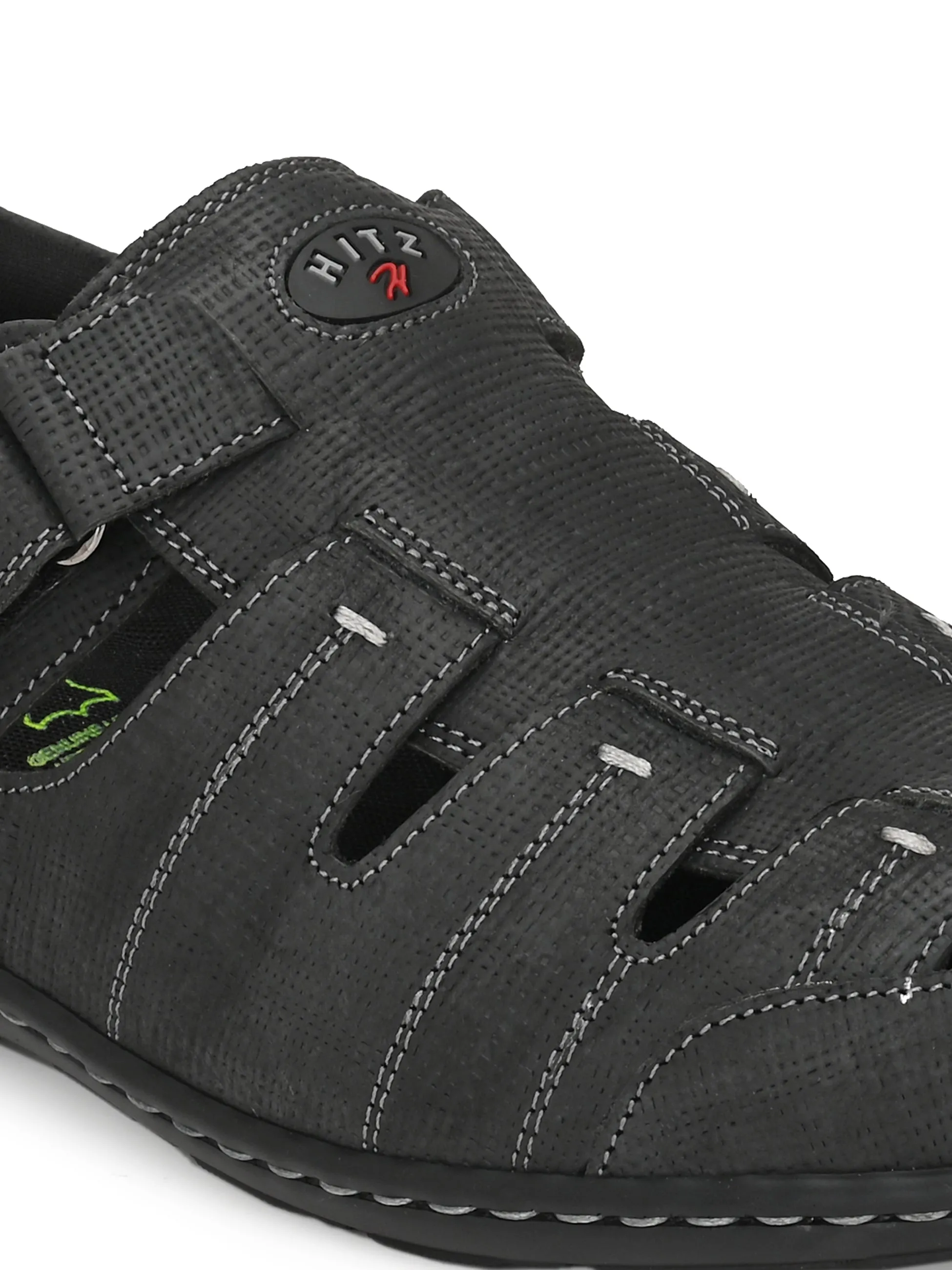 Hitz Men's Black Leather Shoe-Style Sandals