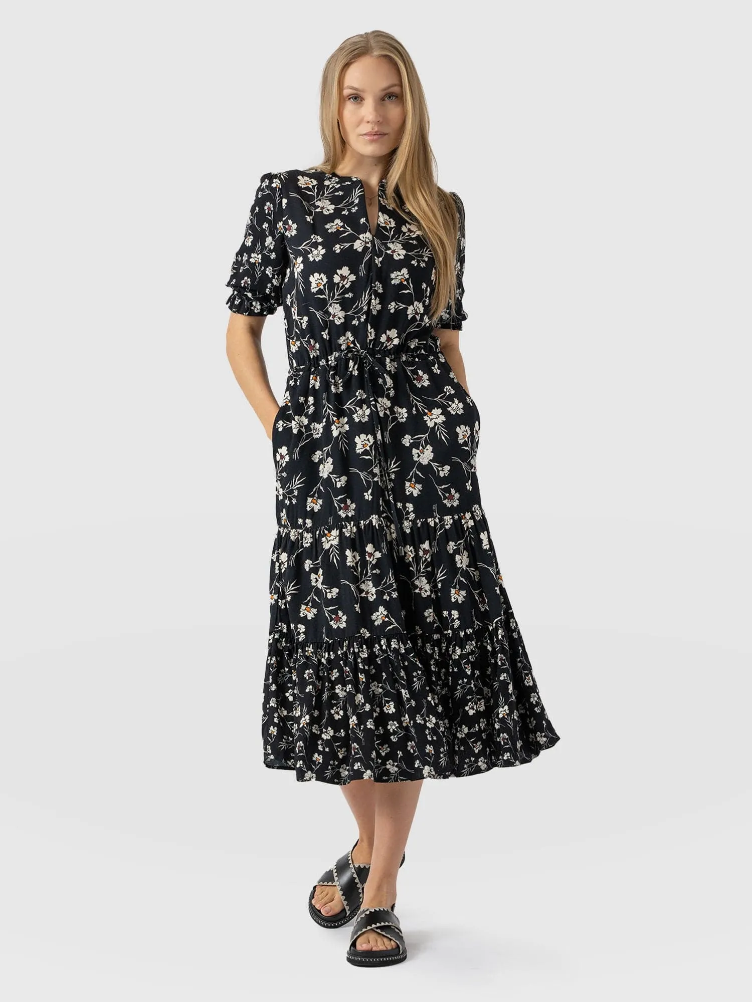 Olivia Zip Up Short Sleeve Dress - Black Spring Floral