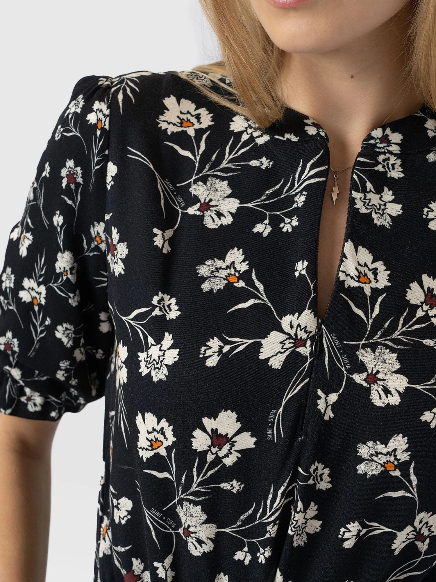 Olivia Zip Up Short Sleeve Dress - Black Spring Floral