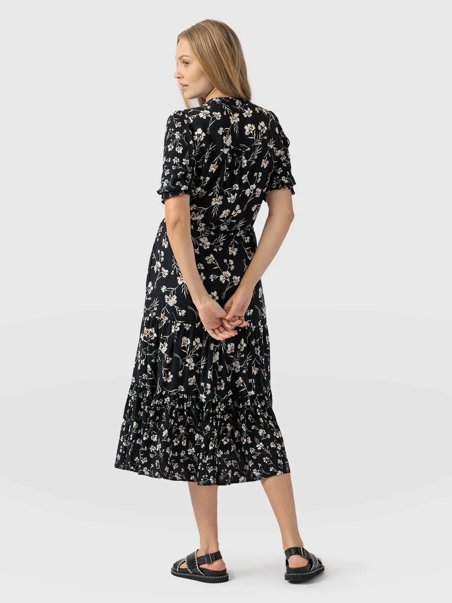 Olivia Zip Up Short Sleeve Dress - Black Spring Floral
